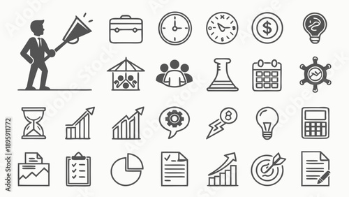 A collection of business and productivity icons in a flat, minimalist design style