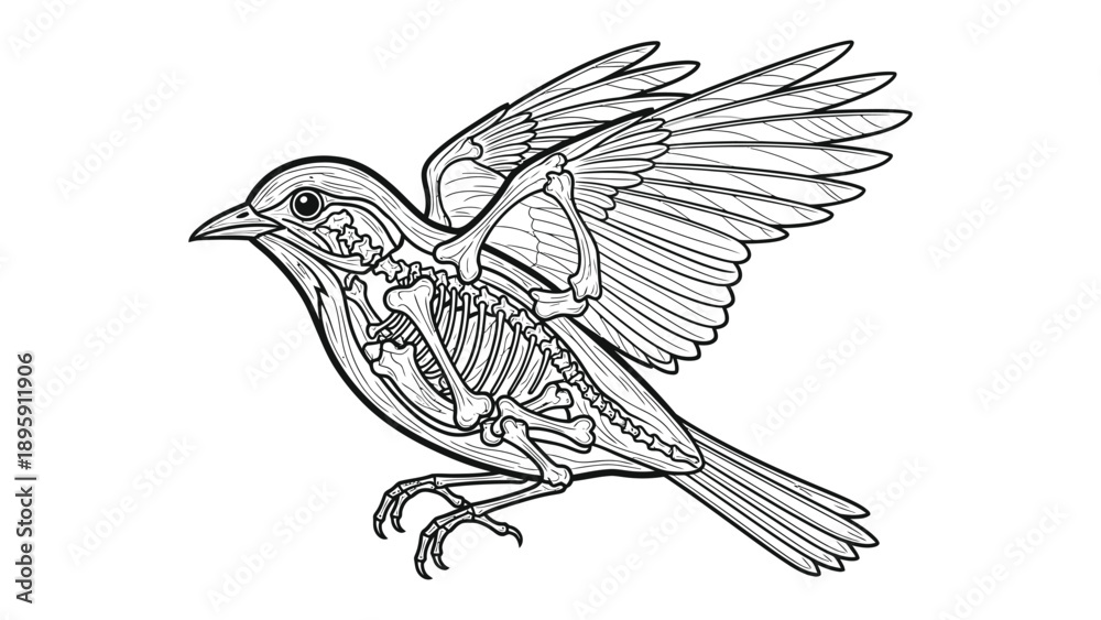 Obraz premium Anatomy Study of a Bird in Flight: An intricate illustration reveals the skeletal structure of a bird mid-flight, showcasing the delicate balance of anatomy and the mechanics of avian flight.