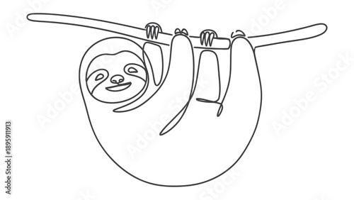 Line Drawing Sloth: A minimalist line drawing depicts a cheerful sloth, hanging casually from a branch. This image exudes a sense of peace and tranquility.