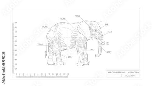 Anatomical Blueprint of an African Elephant: An intricate and detailed illustration presents the anatomical structure of an African elephant.