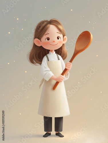 Cute 3D Cartoon Girl Chef Holding Wooden Spoon