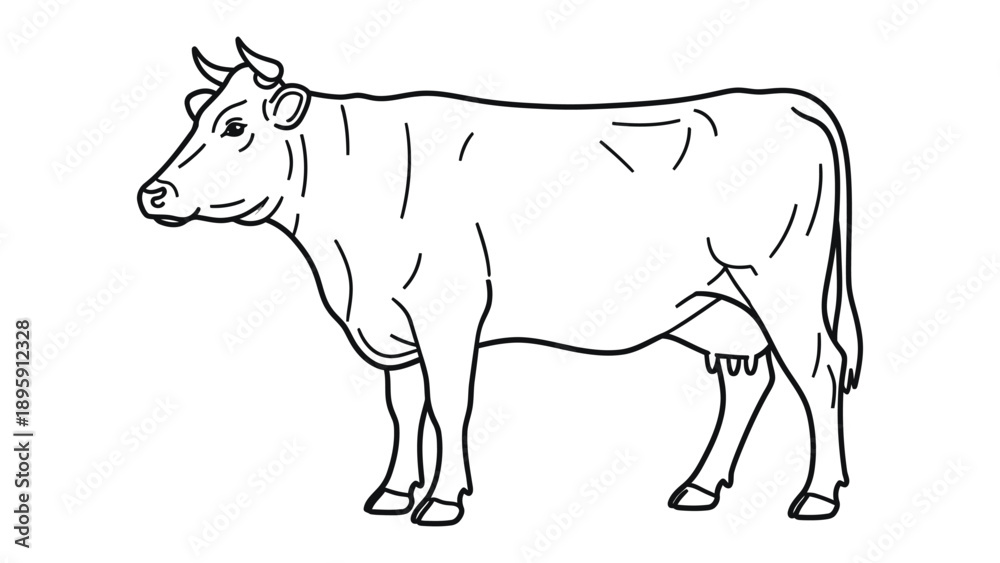 Obraz premium Dairy Cow Illustration: A black and white line drawing captures the elegance of a dairy cow. Every line speaks of form and grace, emphasizing the animal's natural beauty.