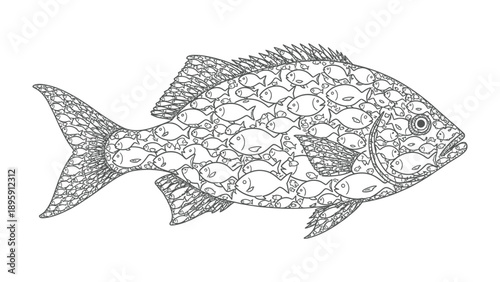 Fish Artwork: An artistic, intricate illustration showcasing a single, large fish composed of numerous smaller fish, symbolizing unity and diversity within the ocean's depths. 