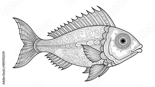 Ornamental fish: A captivating, intricately patterned illustration showcases a single, stylized fish, its design inviting viewers to explore the depths of imagination and detail. 