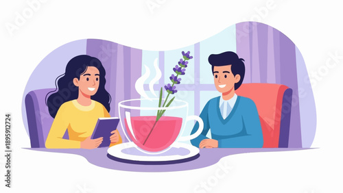 Couple enjoys herbal tea with lavender, a relaxing moment indoors
