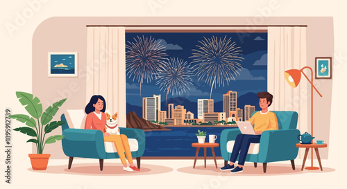 Couple enjoys fireworks display from indoors with their pet dog