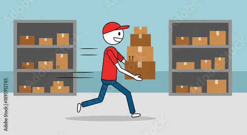 Delivery Person Running With Boxes in Warehouse.
