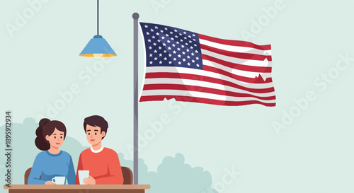 Couple enjoys coffee in a cafe with the American flag waving outside