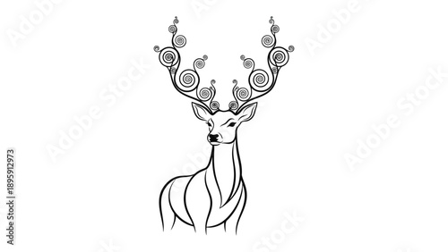 Majestic Deer Silhouette: An elegant deer with stylized antlers stands proud, its form defined by clean lines and intricate patterns, showcasing artistic detail and natural beauty.
