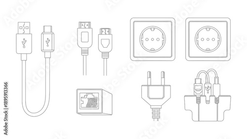 Electrical Connectivity: A detailed illustration showcasing a range of electrical and digital connectivity components, from USB cables and power plugs to network ports and outlets.