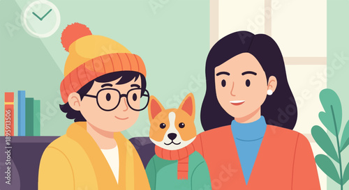 Cheerful cartoon family with pet dog enjoying indoor time together