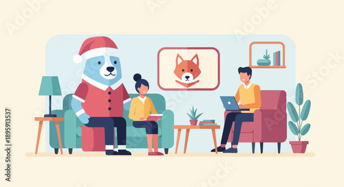Cheerful cartoon scene of people and a dog in a living room