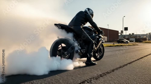 Motorcyclist performing burnout, creating thick white smoke on asphalt road