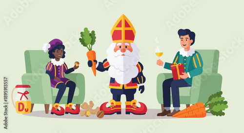 Cheerful characters in festive attire share gifts and treats in a cozy setting