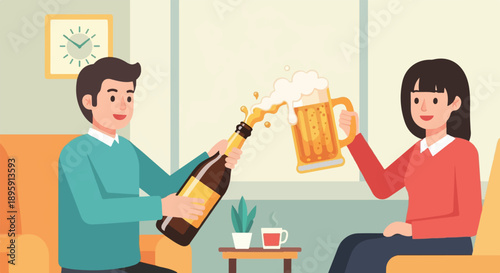 Cheerful couple enjoying drinks and conversation at home