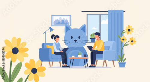 Cheerful couple discusses with giant cat in cozy room with flowers