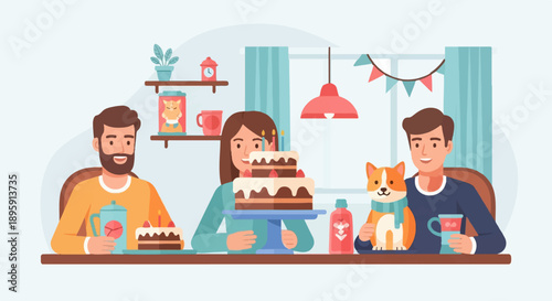 Cheerful gathering with cake, dog, and drinks for a celebration