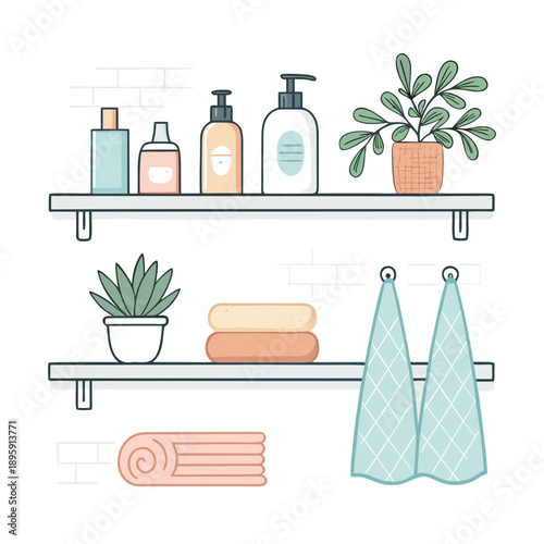 Bathroom shelves with toiletries, plants, and towels in a clean, modern bathroom setting from a straightforward viewpoint
