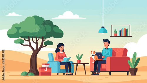 Couple relaxing indoors with a dog and a tree outside