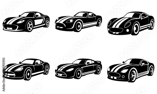 A collection of six sports cars illustrated in black and white from various viewpoints showcasing different models and designs
