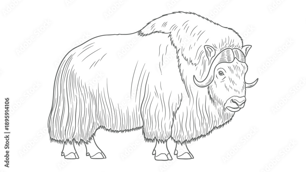 Obraz premium Muskox Illustration: A detailed illustration of a muskox, showcasing its thick coat, prominent horns, and robust build, perfect for educational or artistic use.