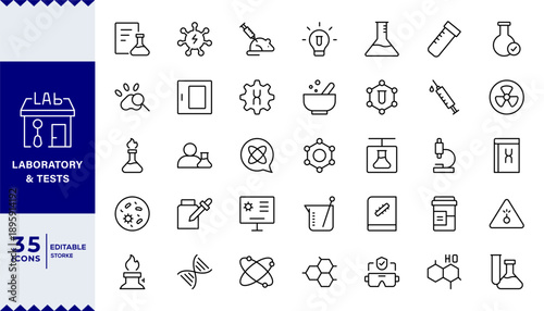 Pixel Perfect, Laboratory and Tests Icon Set. A precise collection of icons for scientific testing and research, perfect for enhancing educational materials, lab websites, and health applications.