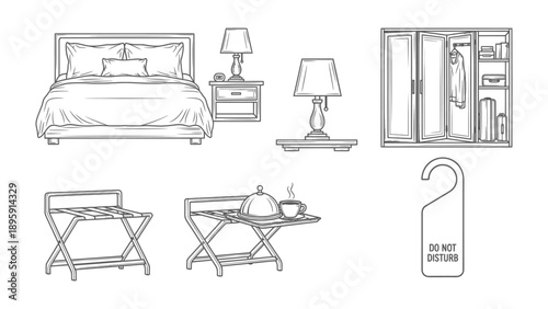 Hotel Room Elements Illustration: A detailed illustration showcasing essential elements of a hotel room, including a bed, nightstand, lamps, wardrobe, luggage rack, and a room service table.