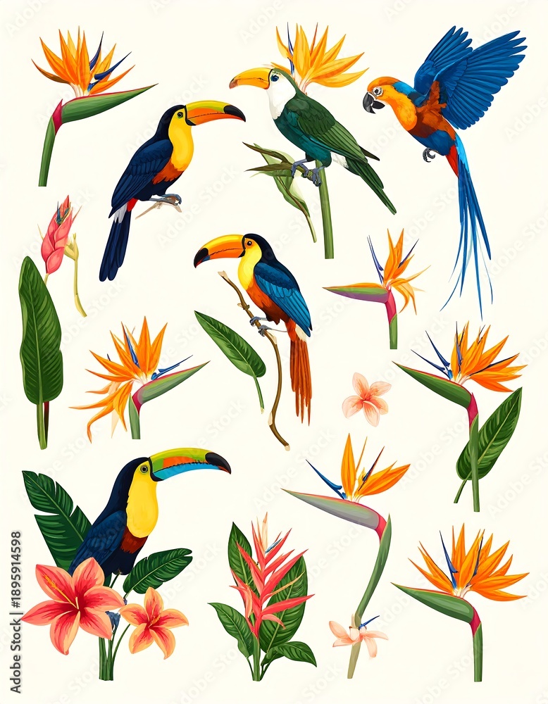 Obraz premium A vibrant, colorful digital illustration featuring a variety of tropical birds and exotic flowers, set against a cream-colored background