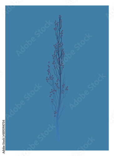 Minimalist illustration of a tall pyramidal poplar tree emerging from fog. Vertical composition with soft gradients, muted blue tones, calm and atmospheric mood. Modern flat vector nature artwork.
