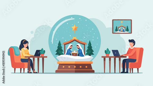 Christmas nativity scene in snow globe with people working on laptops
