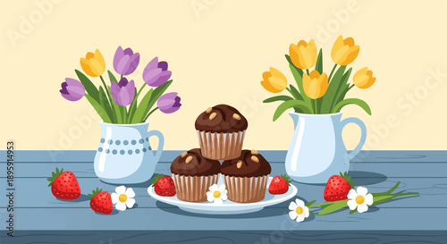 Chocolate muffins with fresh strawberries and vibrant tulips in a cheerful spring scene
