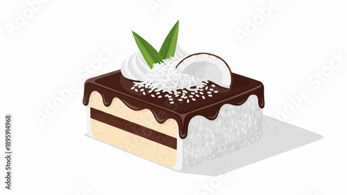 Chocolate drizzled cake slice with coconut and whipped cream