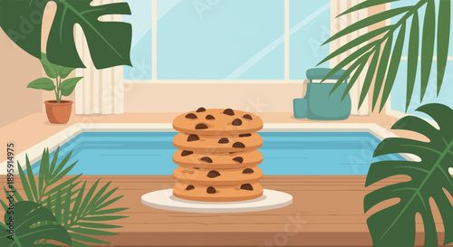Chocolate chip cookies stacked on a plate by a pool with tropical plants