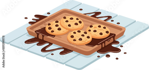 Chocolate chip cookies piled on a tray, with melted chocolate dripping