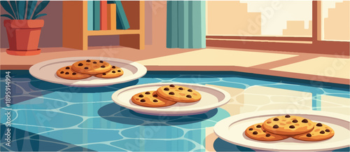 Chocolate chip cookies on plates near a blue-tiled pool