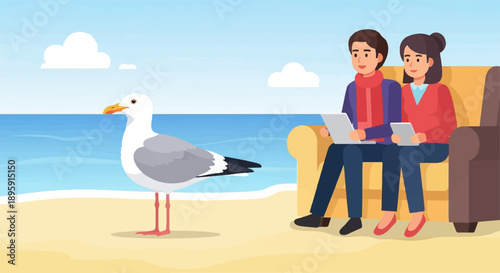 Couple relax on beach couch with devices, seagull watches ocean