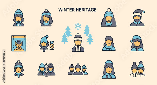 Collection of diverse individuals in winter attire, illustrated in a flat design style