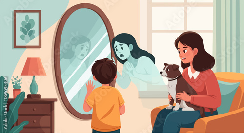 Child sees apparition in mirror while mother sits nearby with dog