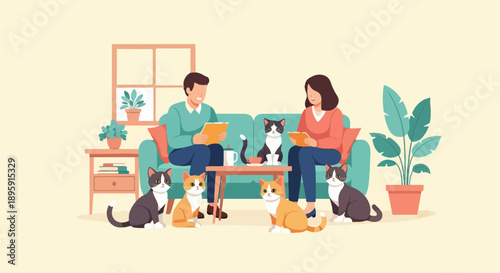 Couple relaxing indoors with cats, reading and holding tablets