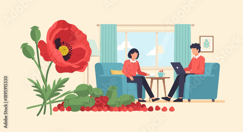 Couple relaxes in a living room with poppies and coffee