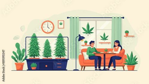 Couple relaxing indoors with cannabis plants and decor