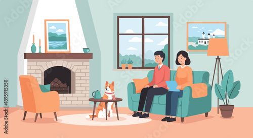 Couple relax on sofa with dog by fireplace and window