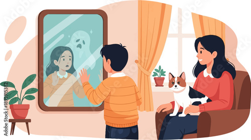 Child looks in mirror at spooky reflection, while mother holds cat nearby