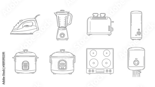 Household Appliance Assortment: A detailed illustration showcasing a variety of essential household appliances, from the smoothing iron to the modern induction cooktop, all rendered in a clean.