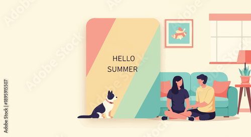 Couple relaxing indoors with dog and summer greeting