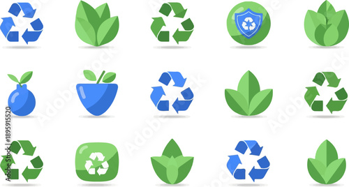 Collection of eco-friendly icons, including leaves, recycling symbols, and a shield