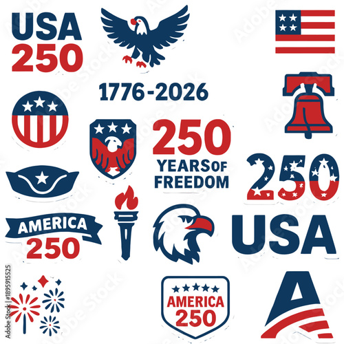 Collection of USA 250th anniversary patriotic emblems vector graphics for American independence cele