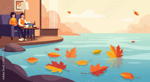 Couple relaxes indoors near water as autumn leaves float on the surface