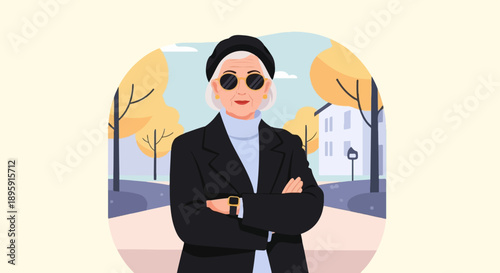 Chic elderly woman in sunglasses and beret stands outdoors