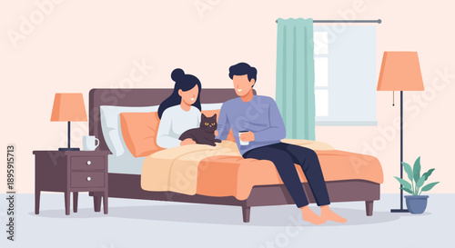 Couple enjoys a quiet morning in bed with their cat